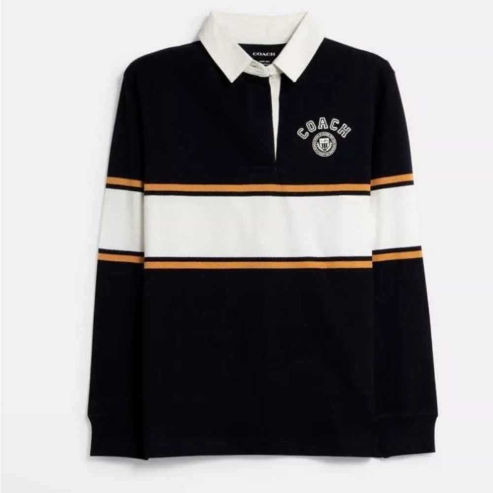 New! Coach Navy Rugby Shirt with White and Yellow Accents
